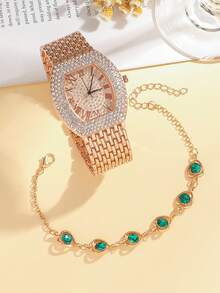 5 件套全新时尚水钻装饰钢带女士石英腕表，带罗马数字表盘，另加水钻心形吊坠配件，无礼盒 - 彩色 - 查看 4