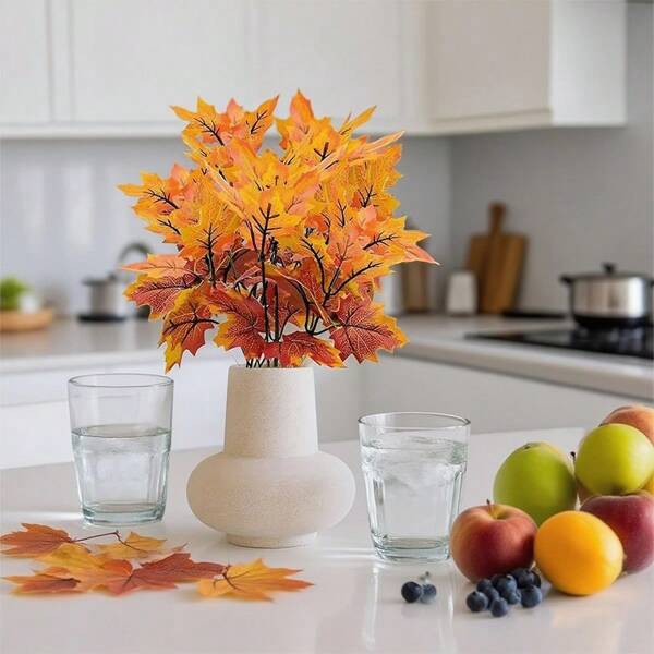 2pcs Artificial Maple Leaf Flower Bouquet Autumn Plastic Leaf Texture Clear Vase Flower Arrangement Suitable For Living Room Dining Table Bedroom Kitchen Party Wedding Farmhouse Indoor And Outdoor Home Decoration Halloween Thanksgiving DIY Autumn Decoration,Fall Decor,Autumn