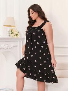 Gaun Midi Tanpa Lengan Kasual Wanita Ukuran Plus Motif Ceri Bahan Chiffon dengan Pita dan Hem Bergelombang, Cocok untuk Semua Musim, Moo Moo - Hitam - View 5