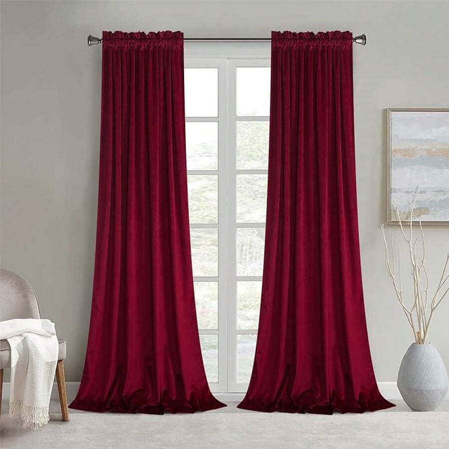 63 Inch Length Berry Color Block Rod Pocket Thermal Insulated Window Drapes Set Living Room/Bedroom/Dining Room, W52 X L63, 2 Panels, Home Decor - Hot Pink - View 1