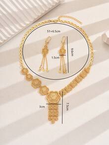 5件套复古多层镂空几何流苏项链、耳环、戒指、手链首饰套装，夸张纹理，适合婚礼/派对佩戴 - 金色 - 查看 7