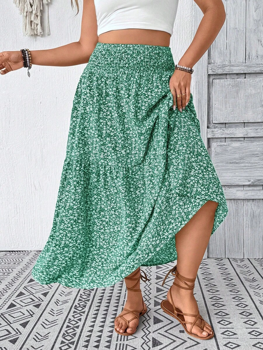Plus Size Women Ditsy Floral Ruffle Hem Drawstring Waist Casual Midi Skirt, Suitable For Vacation In Autumn Summer