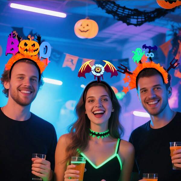 1pc Neon Halloween Headband With Pumpkin & Bat Pattern, Non-Woven Glow In The Dark Party Decoration Headpiece Back To School