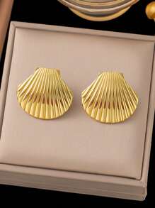1 Pair Stainless Steel Golden Fashionable Minimalist Tropical Island Sea Shell Earrings, Suitable For Women's Summer Dates, Parties, Vacations