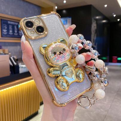 Étui de protection de téléphone de luxe pour femmes/hommes avec bracelet ours en gomme arc-en-ciel, coussin d'air carré électrolysé antichoc/TPU silicone à bord souple avec trous de poussière épaissis, compatible avec Samsung Galaxy S24Ultra/S24Plus/S24/S23Ultra/S23Plus/S23/S22Ultra/S22Plus/S22/S21Ultra/S21Plus/S21FE/S23FE/S20Ultra/S20Plus/S20FE et support, étui de protection de téléphone de luxe pour femmes/hommes avec bord souple en TPU silicone électrolysé pour OPPO A5X/C1/2/3/4/5/6/7/8/9/987654321 et OPPOA1/2/3/4/5/6/7/8/9/987654321, étanche, résistant aux chutes et aux rayures