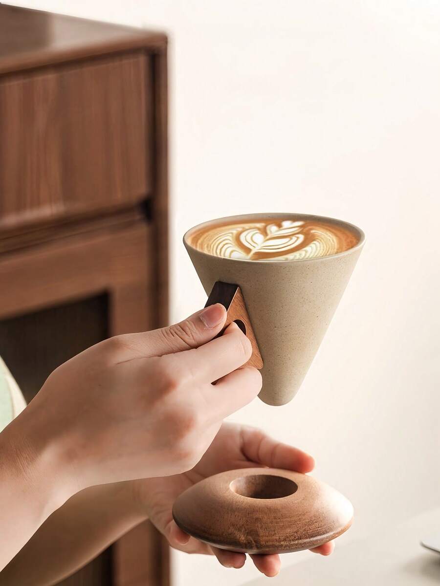 复古纹理卡布奇诺咖啡杯碟套装 | 法国利摩日瓷器 | 专利防溅漏斗设计 | 适用于意式浓缩咖啡、拿铁和玛奇朵