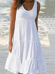 Plus Size Women's Scoop Neck Pleated Babydoll Loose Dress Sleeveless Solid Color Dress - White - View 1