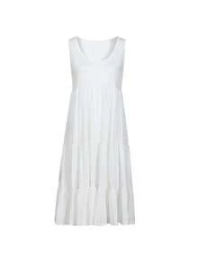 Plus Size Women's Scoop Neck Pleated Babydoll Loose Dress Sleeveless Solid Color Dress - White - View 2
