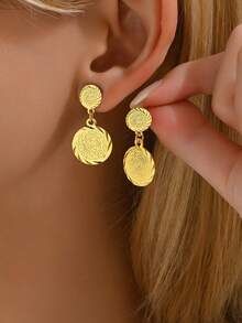 1 Cặp Hoa tai thời trang thiết kế hình đồng xu độc đáo dành cho nữ - Vàng - Xem 2