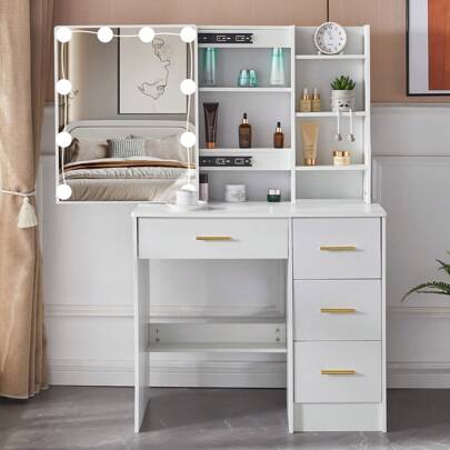 White Dressing Table LED Makeup Mirror 10 Bulbs Vanity Desk W/ 4 Drawers White