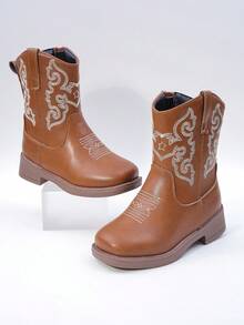 Girls High Boots/Mid Calf Boots With Embroidery, Block Heel, Color Splicing, Side Zipper, For Girls, Suitable For Autumn/Winter - Brown - View 6