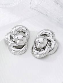 1 对夸张高端金属质感大表面金色几何图案吊坠耳环，适合女性日常佩戴 - 銀色 - 查看 2