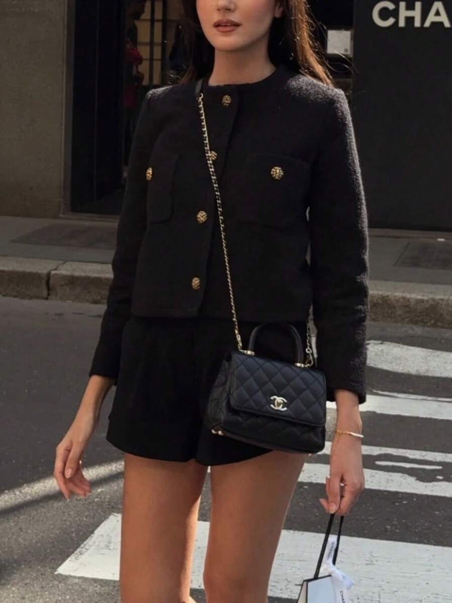 女式纯色粗花呢圆领口袋前扣休闲夹克 - 黑色 - 查看 1