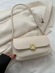 Elegante Bolso De Hombro Retro Decorado Con Herrajes Redondos De Color Sólido - Beis - Ver 4