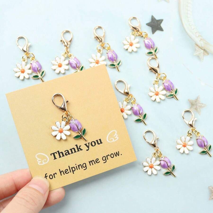3pcs/5pcs/10pcs Simple Daisy & Purple Tulip Keychain Set, Paired With "Thank You For Helping Me Grow" Appreciation Card, Floral Keychains, Suitable For Teacher's Day, Friendship Growth Commemoration, Flower Lover Gifts, Can Be Used As Key And Bag Charms Car Accessories Cute Goth Y2k - Multicolor - View 1