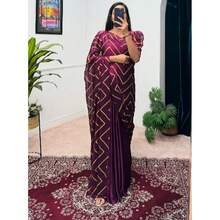 Burgundy Foil Work Readymade Saree Gown Stitched Blouse - Burgundy - View 2