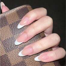 10片纯手工可穿戴短款杏仁形指甲板，简约风格，手绘白色法式指尖裸色指甲底色，高端美甲人造指甲板成品适合女士和女孩日常佩戴，搭配指甲套装按压式指甲美甲用品指甲 - 白色 - 查看 3