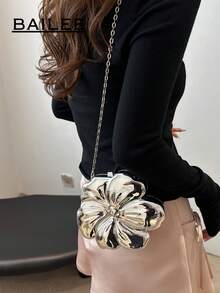 BAILEE 金属花形晚宴包舞会婚纱手提包口红零钱化妆包配饰包带金属链可斜跨前卫女士礼物 - 銀色 - 查看 4