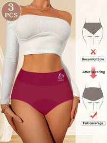 3-Pack Women's Period Panties - Mid-Rise Leak-Proof Comfort Underwear, Soft Breathable Fabric With Elastic Waistband, 3 Colors (Burgundy/Navy/Black) For Everyday & Menstrual Protection - 深藍色+灰色+紅色 - 查看 3