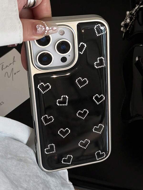 1pc Black Background White Heart Electroplating Matte Resin Epoxy Decal Hard PC Protective Phone Case, Anti-Drop, Compatible With IPhone 16 Pro Max/14/13/15 Plus/16, Galaxy S25 Ultra/S25+/S25e/S24 FE/S24 PLUS, Mate 70 Pro/60 Pro, PURA 70 Pro/PURA 70 Ultra, 14 Ultra/15 Pro, Couples/BFFs Birthday Gift