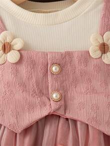 女婴花朵蝴蝶结装饰长袖公主裙，针织拼布二合一甜美派对连衣裙，适合春秋季 - 粉色 - 查看 4