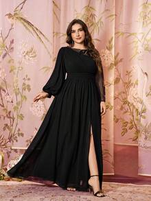 Plus Size Asymmetrical Hem Long Sleeve Sequin Embroidered Patchwork Waist Cinched Slimming Cocktail Party Dress