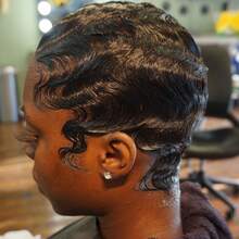 Chic Finger Wave Pixie Cut Wig With Bangs For Women - 180% Density 4inch Brazilian Remy Human Hair, Ocean Wave Style, Short Mommy Hair, Perfect For Daily Wear And Parties - Natural Black - View 4