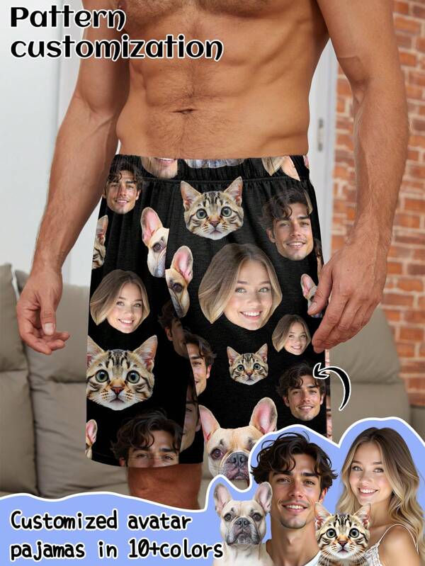 Customized Men's Lounge Shorts, Novel & Unique Couple Portrait, Face Swap With Partner Or Pets,Dawg,Colorful,Cute,Adorable,Contracted,Funny,Custom,Unique,Customized,Personalized,Ideal Gifts For Him,Ideal Gifts For Her,Boyfriend,Girlfriend,Family,Friends,Her,Underwear & Sleepwear,Easy Comfort,Urban Gala