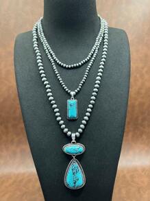 Retro Western Country Style Faux Pearl CCB Beaded Necklace Chain With Water-Drop Pendant, 3 Layers Chain Design, Matching Rectangle Earrings, Suitable For Women And Girls To Pair With Daily Outfit, Party Accessories, Jewelry, Gift For Family/Friends/Yourself