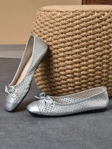 优雅中式镂空蝴蝶结平底鞋 - 銀色 - 查看 6