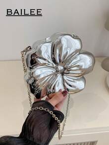 BAILEE 金属花形晚宴包舞会婚纱手提包口红零钱化妆包配饰包带金属链可斜跨前卫女士礼物 - 銀色 - 查看 11