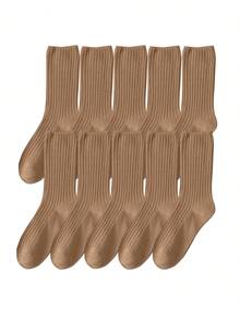 10 Pairs All Season Basic Solid Color Women Cotton Socks Girl Colorful In Tube Sock Free Size US5-9 - Light Brown - View 1