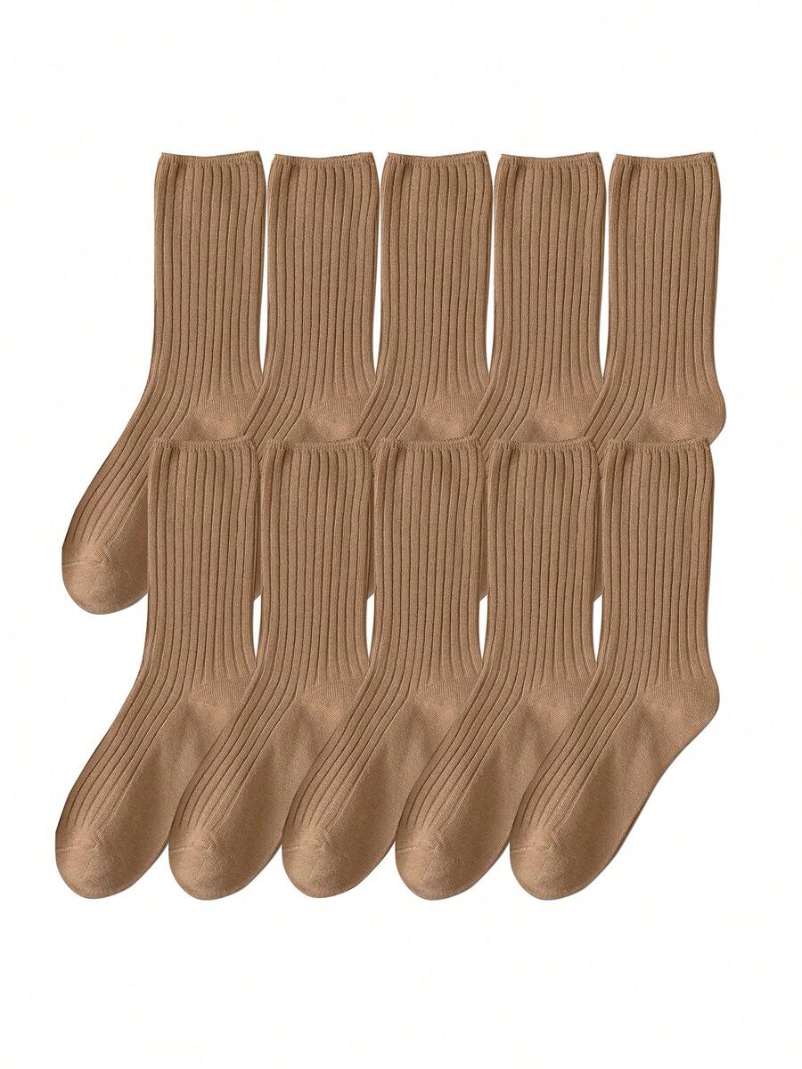 10 Pairs All Season Basic Solid Color Women Cotton Socks Girl Colorful In Tube Sock Free Size US5-9 - Light Brown - View 1