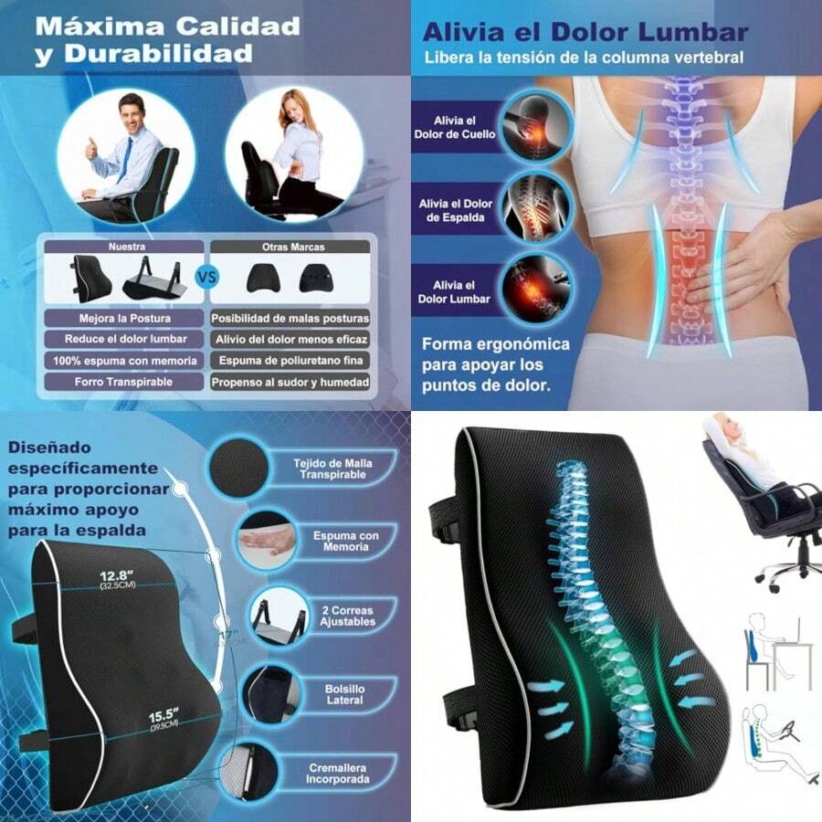 Apoyo Lumbar Soporte Lumbar para Sillacon Espuma con Memoria Diseño Ergonomico Transpirable Aliviar El Dolor de Espalda Adecuado para Auto Viajes y Hogar - Negro2 - Ver 1