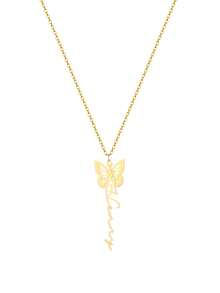 Customized Cute Butterfly Name Necklace For Women, Stainless Steel Butterfly Pendant Necklace With Personalized Vertical Cursive Letter, Handmade Jewelry Gift For Girlfriend, Birthday, Holiday - Gold - View 9