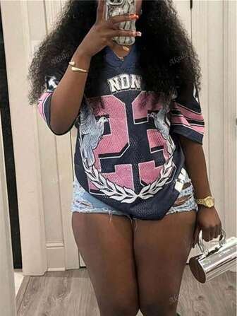 Summer Preppy Style Loose Tops Nummber Printed Colorblock Short Sleeve Young Style T-Shirt For Women