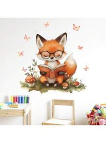 可爱狐狸儿童阅读墙贴 - 卡通书迷动物墙贴，适用于幼儿园、书房装饰、可移除教育教室装饰儿童房 - 彩色 - 查看 6