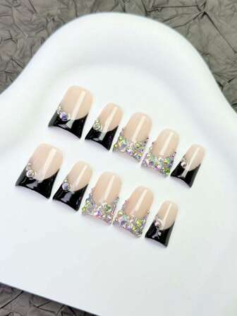10 pièces/set Faux ongles carrés pressés à la main, rose nu et noir, avec des ornements de pierres scintillantes et de métal 3D/5D. Pointes d'ongles fausses réutilisables pour une utilisation rapide. Produits de beauté pour les ongles DIY pour la vie quotidienne des femmes et des filles
