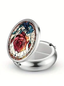 Pudełko na tabletki z 2 przegródkami, przenośne etui na leki, można umieścić w kieszeni lub portfelu, dekoracyjne metalowe pudełko do przechowywania leków i witamin, wyjątkowy prezent (kwiatowy)