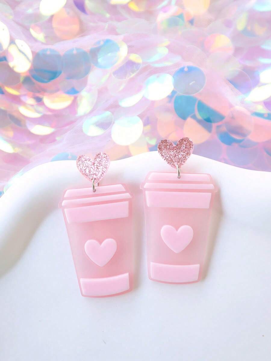 1 Pair Acrylic Heart Shaped Boba Tea Cup Earrings, Cute Style Valentine's Day High-End Earring Accessories - Milk Tea Cup - View 1