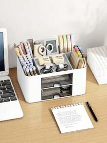 1 pieza Caja de almacenamiento de maquillaje, organizador de escritorio con cajón, estuche de exhibición de cosméticos de gran capacidad con múltiples rejillas, soporte para brochas de maquillaje, apto para guardar lápiz labial, joyería, manicura, productos para el cuidado de la piel, organizador de tocador de baño, decoración de tocador, contenedor de artículos de oficina, suministros de vuelta al colegio, regalo navideño, regalo de Navidad