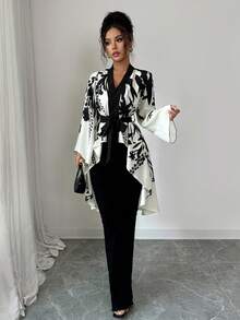 Symmetrical Printed Black And Beige Long Sleeves Waist Cinched Fish Tail Hem Elegant French Shirt - Multicolor - View 6