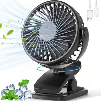 便携式夹式风扇，可充电，720°可调节，带LED灯，小巧桌面风扇，强劲静音，3档风速，USB充电，迷你个人降温风扇，适用于桌面、家庭办公室、婴儿车、露营，女士礼物
