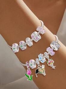 1 pezzo Accessorio alla moda con fiori blu e perline, adatto per braccialetti/bracciali fai-da-te da donna, abbinamento per gioielli da uso quotidiano, ottimo regalo per la fidanzata per San Valentino - Argento - Visualizzare 3