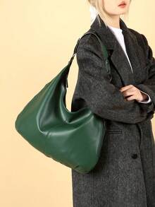 新款软皮女包，简约休闲单肩包，女士流浪包，简约腋下包女士大容量手提包，适合上班通勤逛街休闲 - 墨綠色 - 查看 8