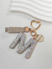1pc Soft Pottery Pink Letter Rhinestones Keychain, Cute & Personalized Bag Charm, Car Key Chain, Heart Decor Gift For Mom, Friend, Valentine's Day School - White - View 17