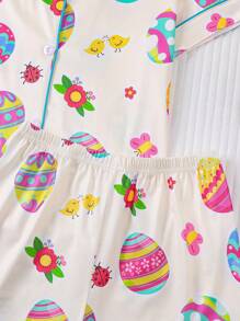 2 件女童彩色鸡蛋印花睡衣套装，儿童可爱连体衣配领扣衬衫，适合所有季节、家居服和派对 - 杏色 - 查看 6