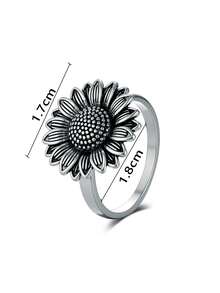 1 buah Cincin Wanita Desain Bunga Matahari Vintage Minimalis, Cocok untuk Pemakaian Sehari-hari - Antique Silver - View 5