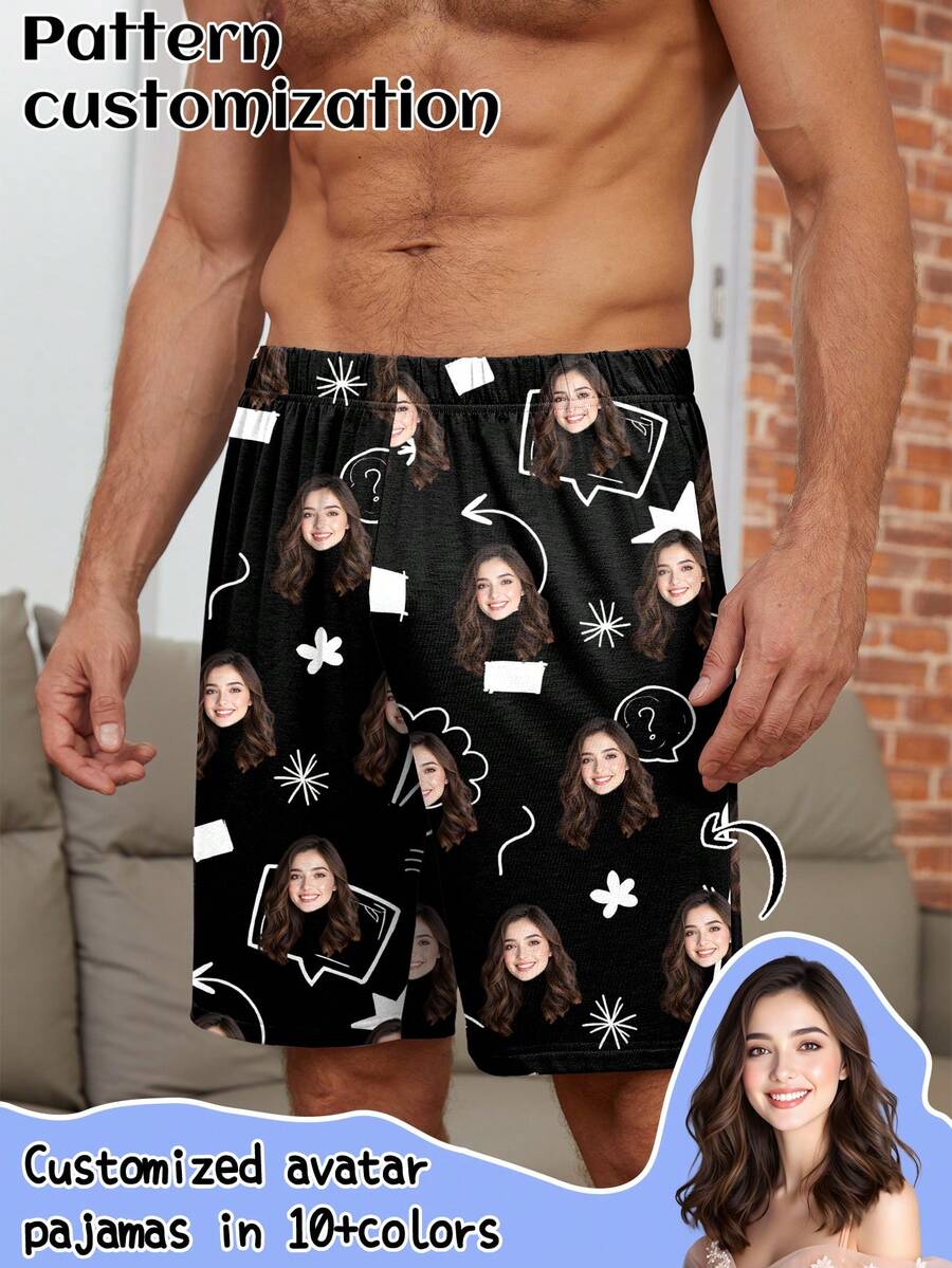 定制男士短款睡衣短裤，印有独特的大头照片，适合日常和节日礼物 - 黑色 - 查看 1