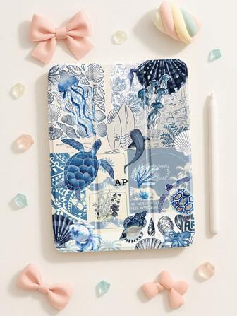 Beautiful Blue Turtle Jellyfish Puzzle Style Pattern Transparent Silicone Shock-Absorbing Stand With Pen Slot, Suitable For Galaxy Tab A8 10.5, S6 Lite 10.4, S7/S8/S9Inch. It Supports Sleep Awakening As A Holiday Gift